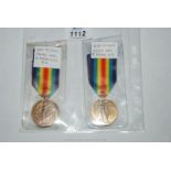 Two WWI Victory Medals to Dvr. R. Slack, R. A. and to Gnr. W. Parkinson R. A.