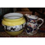 A yellow Jardiniere with hunting scene decoration and a Masons style jug