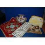 A box with embroidered tea cosy, beadwork, wall hanging,