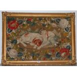 A large Wool-work and bead Tapestry circa 1860 of a boy in a wooded grove asleep with his hound,