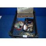 A quantity of miscellanea including beads, marbles, thimbles, penknives, Cowrie shell, corkscrew,