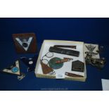 Miscellaneous items including Motor club badges, cut throat razor, opera glasses,