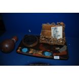 A wooden Tray decorated with an Oriental pheasant, wooden stand, fabric belt with metal clasp,