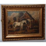 An Oil on board of a horse and hens in a farmyard signed J. Williams.