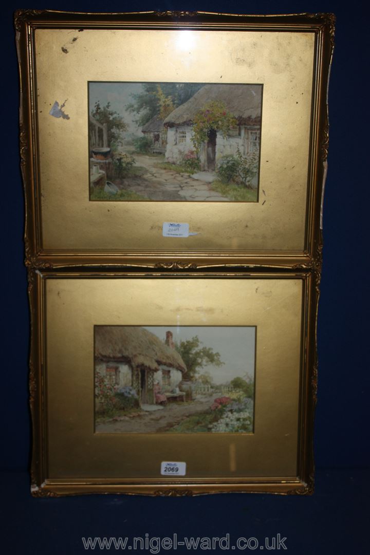 A pair of Watercolours of cottages with figures by Josh Fisher.