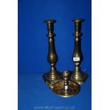 A pair of WWI Trench Art Brass Candlesticks and a Candle holder in tray with snuffer