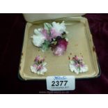 A vintage Crown Derby porcelain Iris Brooch and Earrings Set in original box