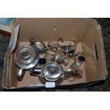 Various silver plated items including toast rack, teapot, etc.