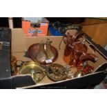 A quantity of Copper and brass including watering can, hunting horn, two powder flasks, trivet,