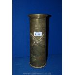 A WWI Trench Art cylindrical Brass Vase with raised 'X' design, 11'' high,