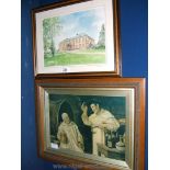 A hand coloured Print of Tredegar House and a Print of two Priests