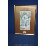 A Watercolour of a Victorian lady in smart dress unsigned