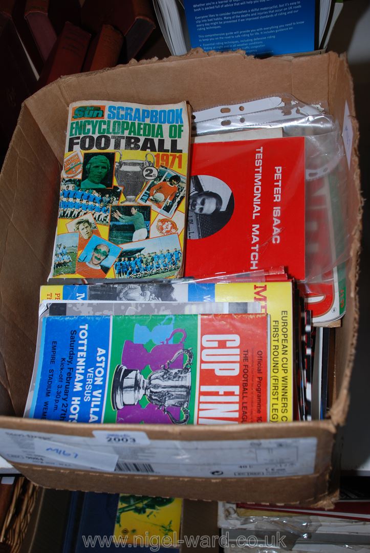 A box of books relating to Football incl programmes, scrapbook, encyclopedia of football 1971,