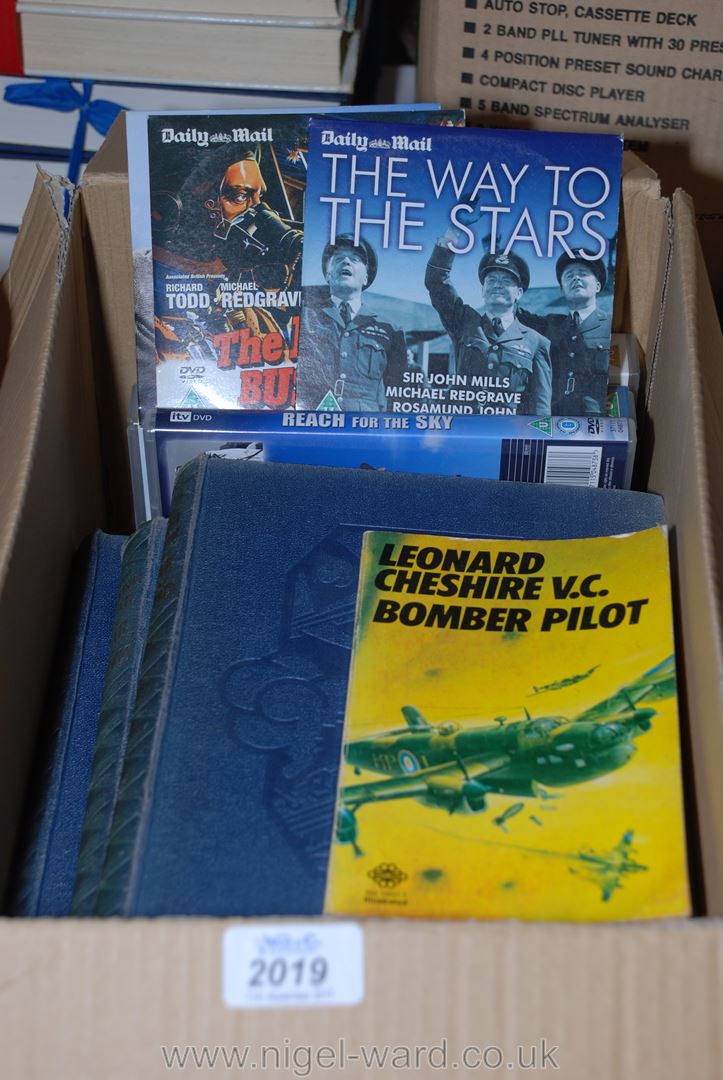 A box of War books, videos and DVDs incl Bomber Pilot,