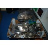 A large quantity of silver plate including trays, three piece Teaset, butter dish,