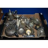 A quantity of plated and brass items including teapots, bonbon dish, bud vase, cutlery, etc.