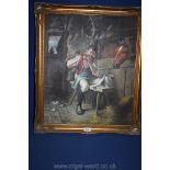 An Oil on canvas depicting a stable hand sat by Horse's stall blowing a trumpet, unsigned,