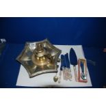 A silver plated cake Dish with handle, boxed teaspoons, souvenir spoon, etc.