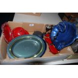 A quantity of red and blue metal items and a fruit dish with glass liner,