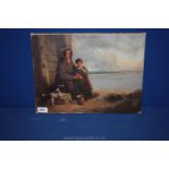 A 19th c. English school Oil on canvas of a mother with a child and dog by a quayside.