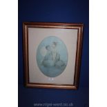 A framed oval mounted Lucy Mabel Attwell Print of a young girl sat on rocks in moonlight with a