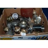 A Box of Silver plated items including Teapot, Coffee Pot, cutlery,