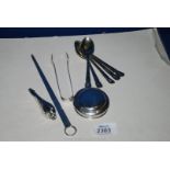 A Silver Pot Lid & Button Hook Handle T/W Sugar Tongs, Tea Spoons & Meat Skewer.