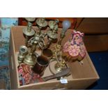 A quantity of brass including five branch candlestick, tankards, oriental pheasant, bedside lamps,
