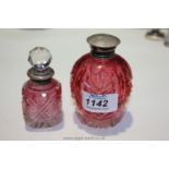 Two cut Cranberry glass Scent Bottle with silver bands (one with lid)