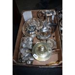 A box of miscellaneous plated Coffee Pots, entree Dish, napkin rings, etc.