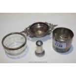 A Silver Tea Strainer/Stand and pepper