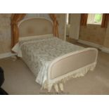 A double French style painted 5' Bed with cream/pink fabric upholstered headboard and foot board.