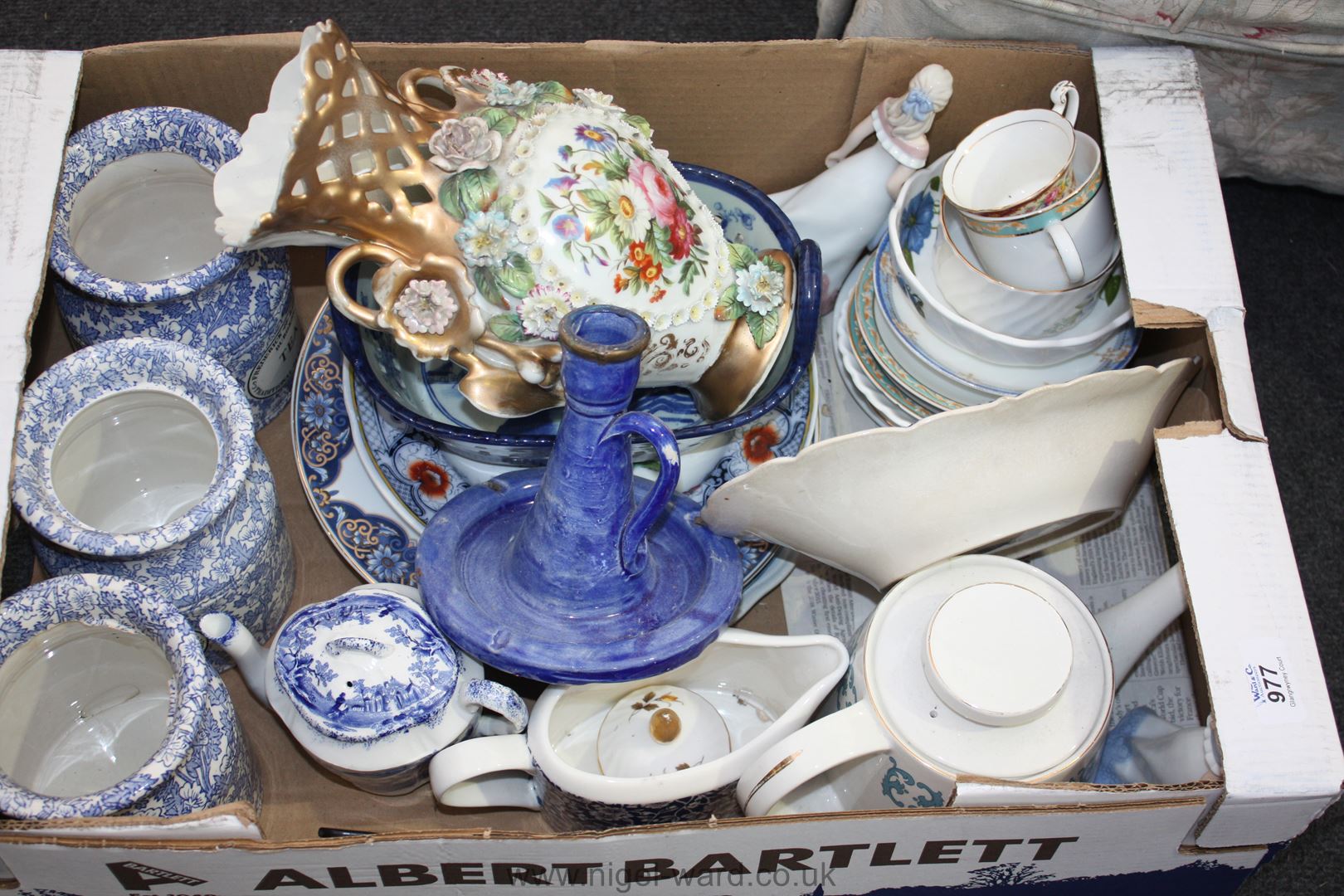 A Meissen style flower encrusted Vase, three Rathbone blue and white storage jars,