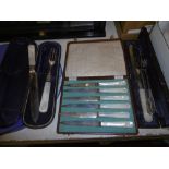 THREE BOXED MOTHER OF PEARL HANDLED CUTLERY AND TWO PLATED PICKLE FORKS