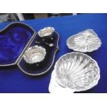 BOXED PAIR OF HM SILVER SALT CELLARS PLUS TWO BONBON DISHES,