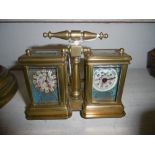 BRASS MINIATURE CLOCK AND BAROMETER WITH ENAMEL PLAQUE