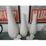 THREE WHITE VASES AND TWO ANIMAL FIGURES