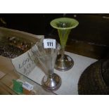 TWO TRUMPET VASES, WITH ENGLISH HALL MARKED SILVER BASES,