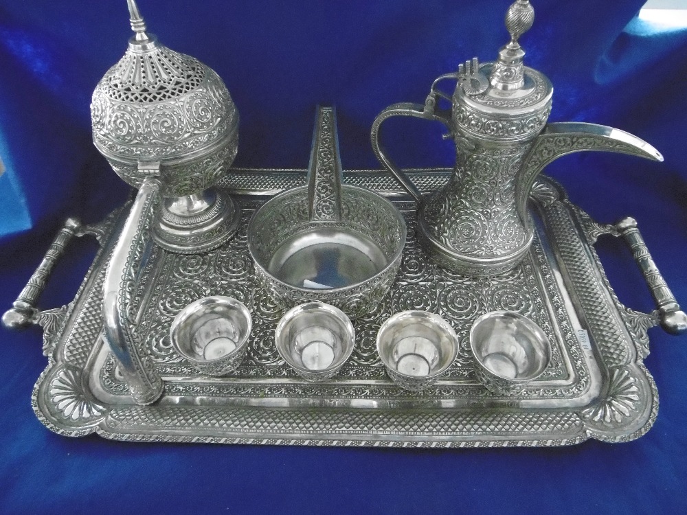 MIDDLE EASTERN 800 SILVER 8 PIECE COFFEE SET ON TRAY, WEIGHT 4. - Image 2 of 3