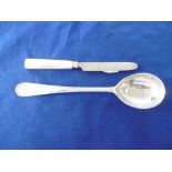 LARGE HM SILVER SPOON AND FISH KNIFE WITH MOTHER OF PEARL HANDLE