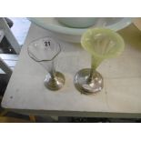 TWO TRUMPET VASES, WITH ENGLISH HALL MARKED SILVER BASES,