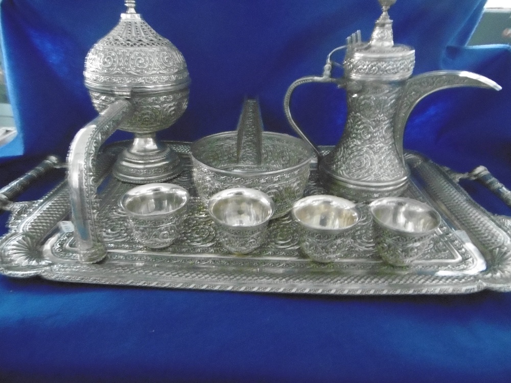 MIDDLE EASTERN 800 SILVER 8 PIECE COFFEE SET ON TRAY, WEIGHT 4. - Image 3 of 3