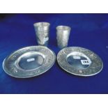 TWO 925 SILVER KIDDUSH CUPS PLUS TWO PLATES, APPROX.
