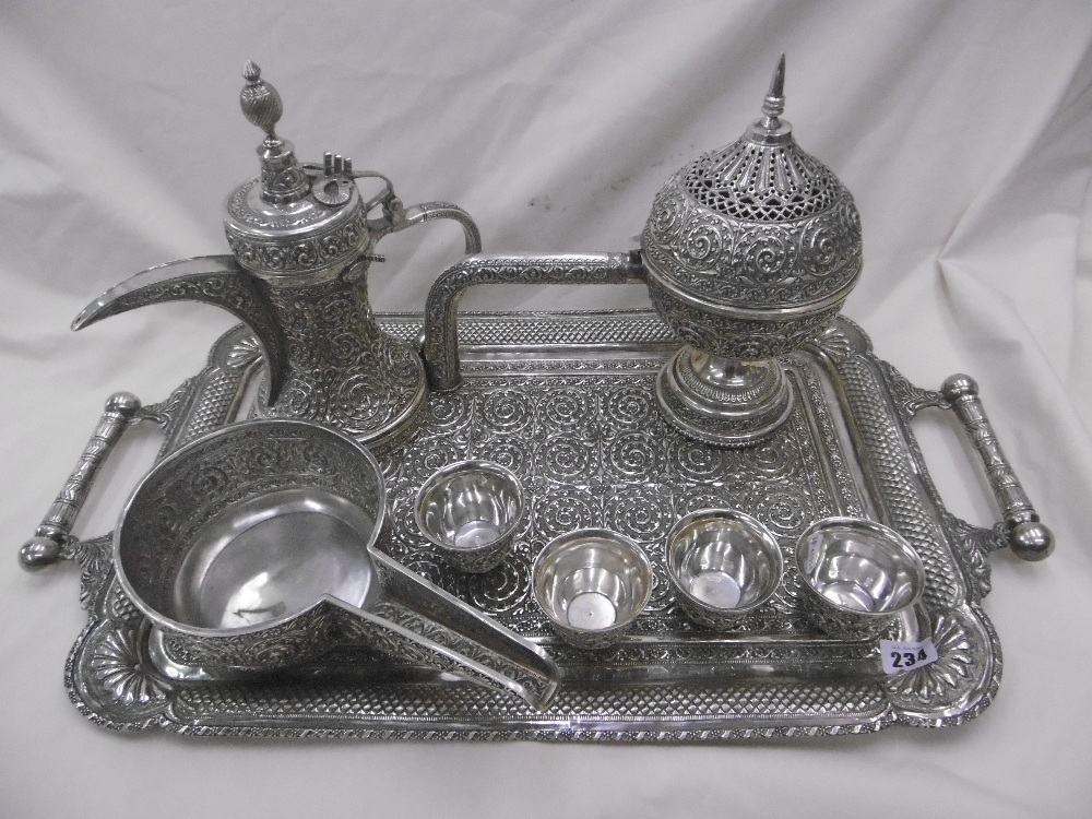 MIDDLE EASTERN 800 SILVER 8 PIECE COFFEE SET ON TRAY, WEIGHT 4.