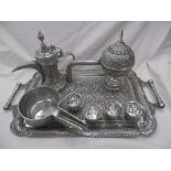 MIDDLE EASTERN 800 SILVER 8 PIECE COFFEE SET ON TRAY, WEIGHT 4.