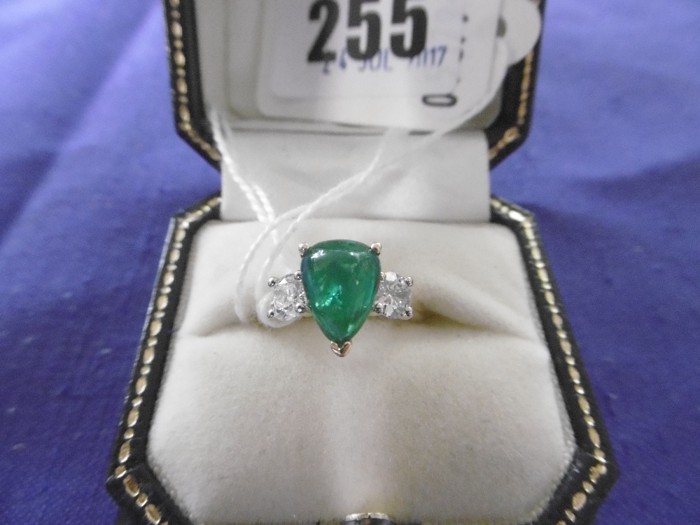 18ct GOLD, EMERALD AND DIAMOND, THREE STONE, EMERALD 2 carats DIAMOND .