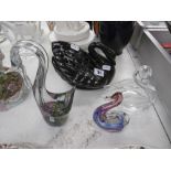 THREE GLASS SWANS SIGNED + ANOTHER