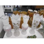 TWO PAIRS OF HAND PAINTED OPALINE VASES