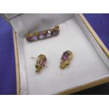 9ct GOLD AMETHYST EARRING AND BROOCH SET