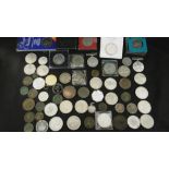 A COLLECTION OF ASSORTED MEDALS AND COINS INCLUDING VICTORIAN CROWN, HALF CROWN,